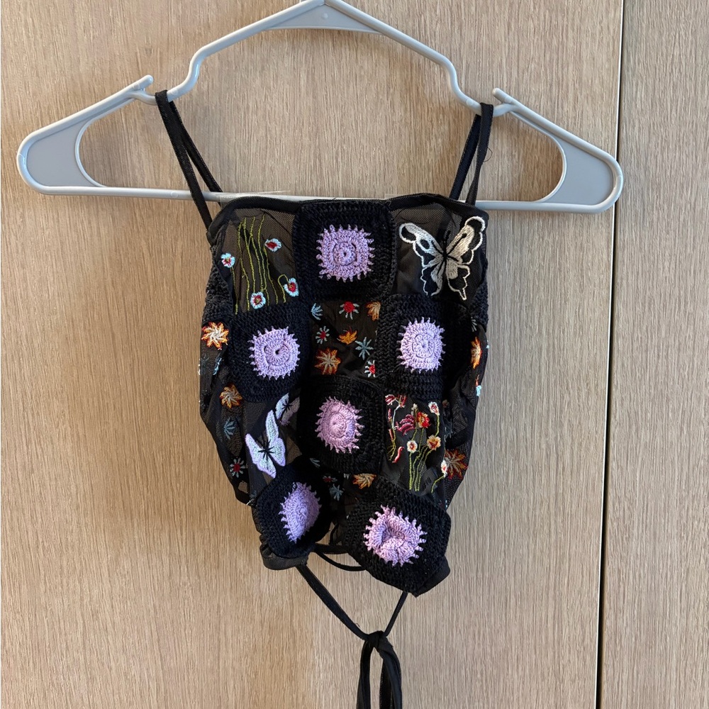 Urban Outfitters Black Crochet Patchwork Crop Top with Lavender Accents